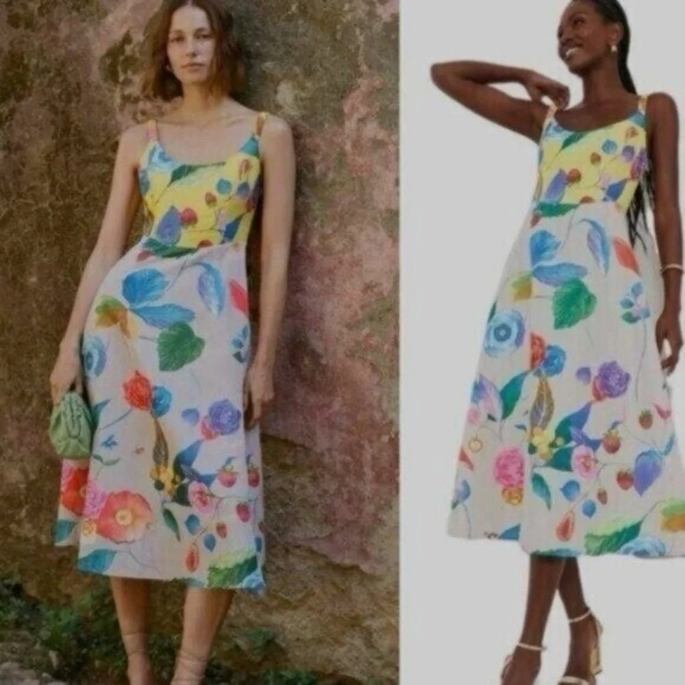 Tuckernuck Vivid Jardin Dominique Dress S Multi Yellow Floral Midi NWT
